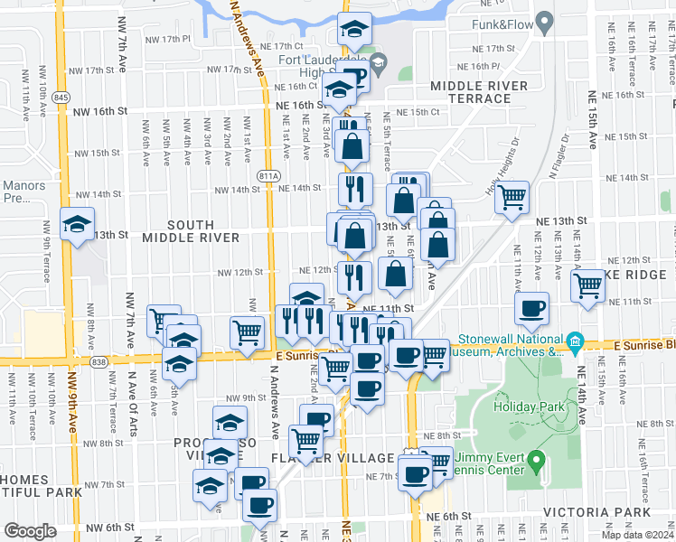 map of restaurants, bars, coffee shops, grocery stores, and more near 1200 Northeast 4th Avenue in Fort Lauderdale