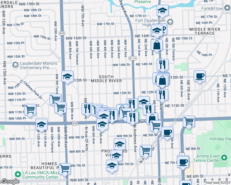 map of restaurants, bars, coffee shops, grocery stores, and more near 1201 Northwest 12th Street in Fort Lauderdale