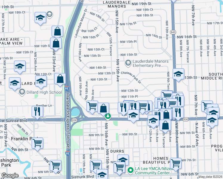 map of restaurants, bars, coffee shops, grocery stores, and more near 1515 Northwest 12th Street in Fort Lauderdale
