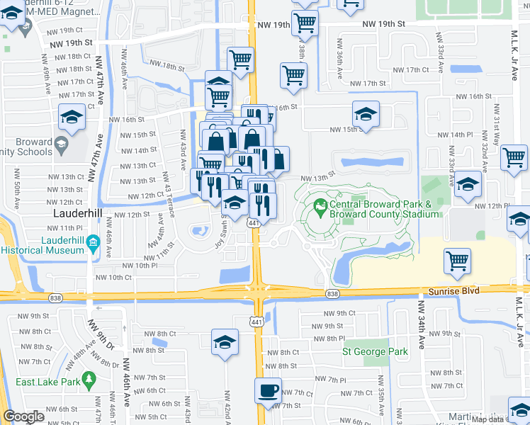 map of restaurants, bars, coffee shops, grocery stores, and more near 1180 U.S. 441 in Lauderhill