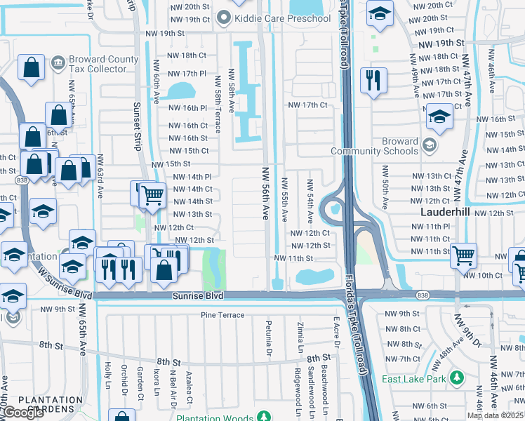 map of restaurants, bars, coffee shops, grocery stores, and more near 1311 Northwest 56th Avenue in Lauderhill