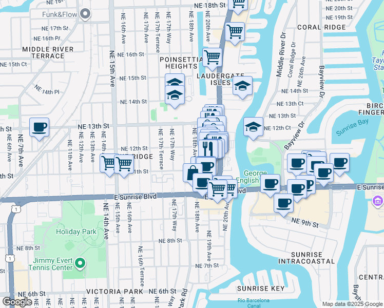 map of restaurants, bars, coffee shops, grocery stores, and more near 1133 Northeast 18th Avenue in Fort Lauderdale