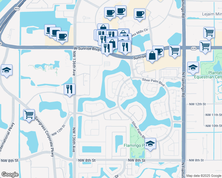 map of restaurants, bars, coffee shops, grocery stores, and more near 1379 Northwest 129th Terrace in Sunrise