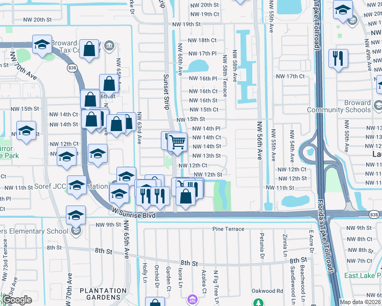 map of restaurants, bars, coffee shops, grocery stores, and more near 5991 Northwest 13th Street in Sunrise