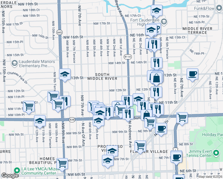 map of restaurants, bars, coffee shops, grocery stores, and more near 1201 Northwest 12th Street in Fort Lauderdale
