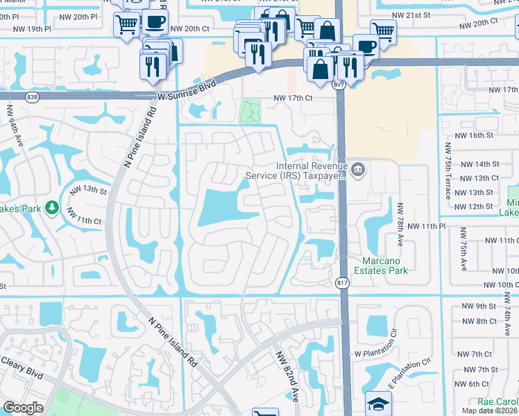 map of restaurants, bars, coffee shops, grocery stores, and more near 8528 Northwest 12th Court in Plantation