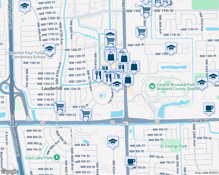 map of restaurants, bars, coffee shops, grocery stores, and more near 4200-4248 Northwest 12th Court in Lauderhill