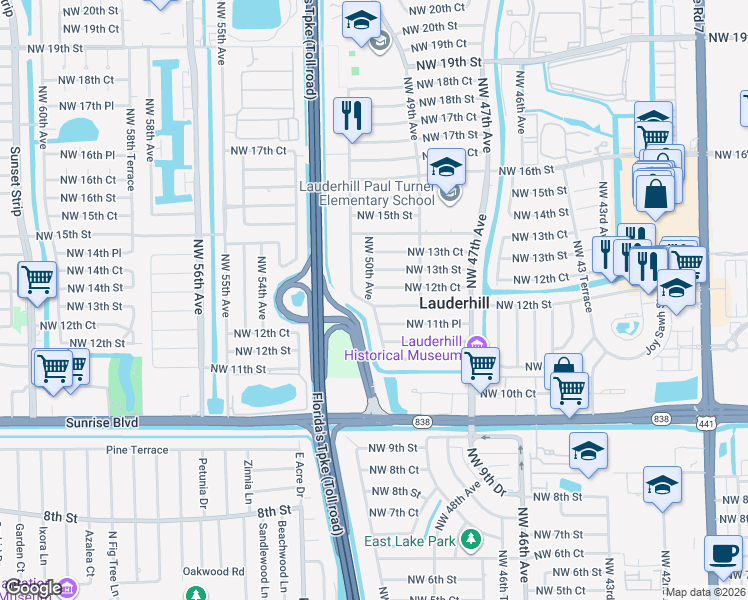 map of restaurants, bars, coffee shops, grocery stores, and more near 4981 Northwest 12th Street in Lauderhill