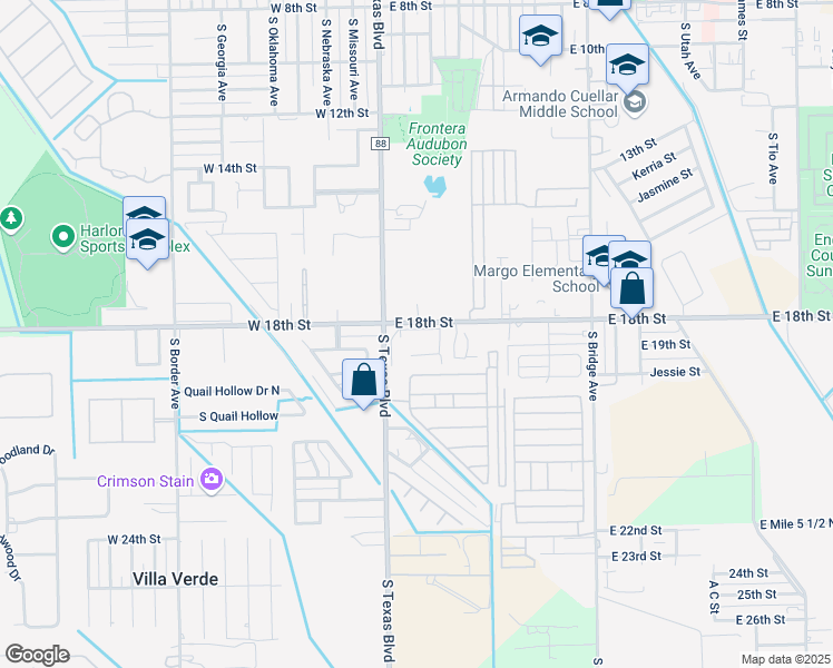map of restaurants, bars, coffee shops, grocery stores, and more near 212 East 18th Street in Weslaco
