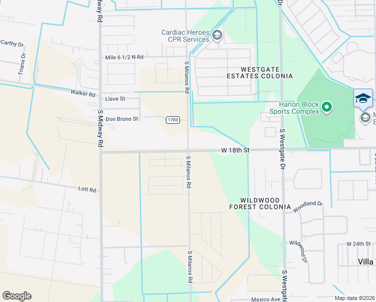 map of restaurants, bars, coffee shops, grocery stores, and more near 18th Street in Weslaco