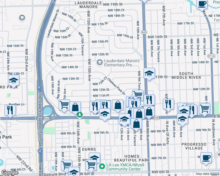 map of restaurants, bars, coffee shops, grocery stores, and more near 1201 Northwest 12th Street in Fort Lauderdale