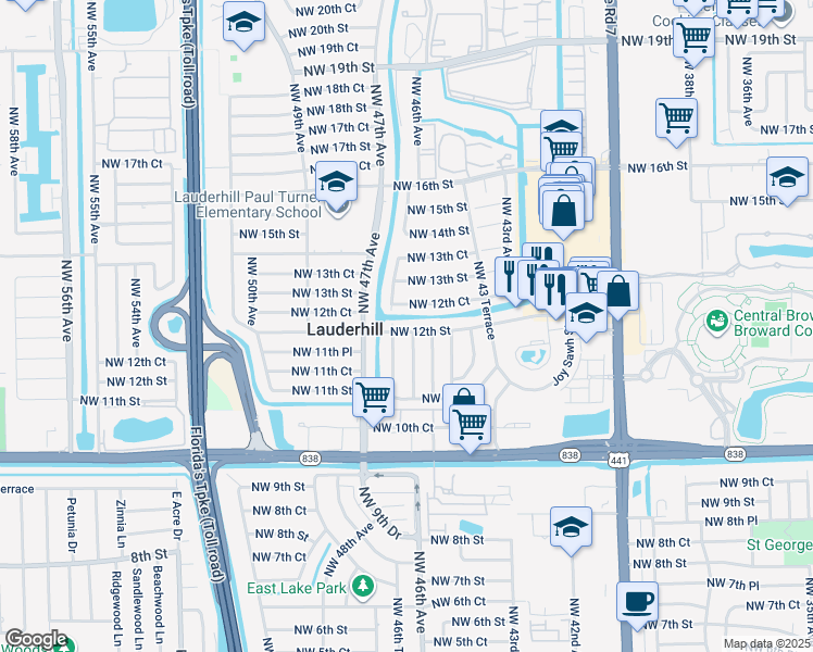 map of restaurants, bars, coffee shops, grocery stores, and more near 4541 Northwest 12th Street in Lauderhill