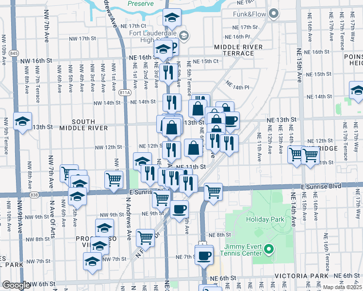 map of restaurants, bars, coffee shops, grocery stores, and more near 1145 Northeast 5th Terrace in Fort Lauderdale