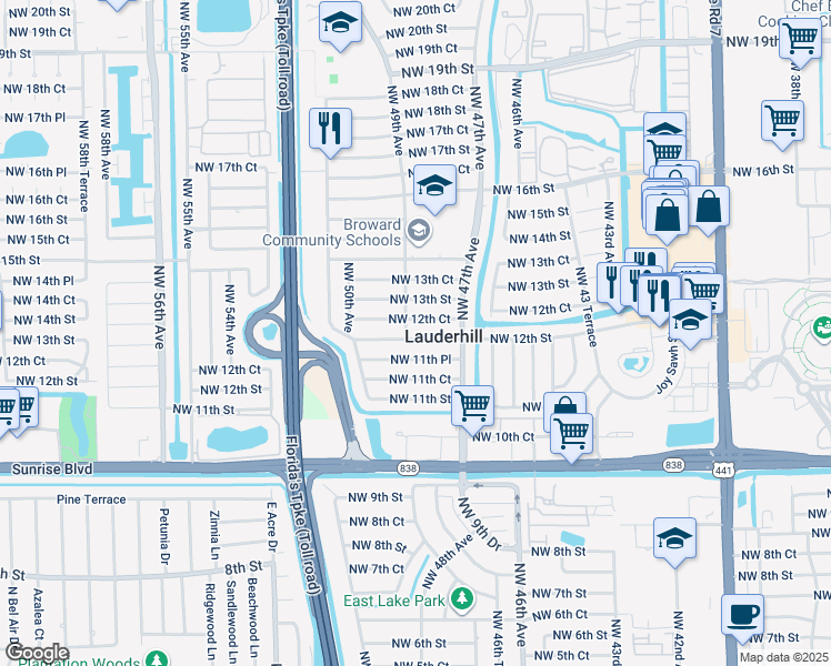 map of restaurants, bars, coffee shops, grocery stores, and more near in Lauderhill