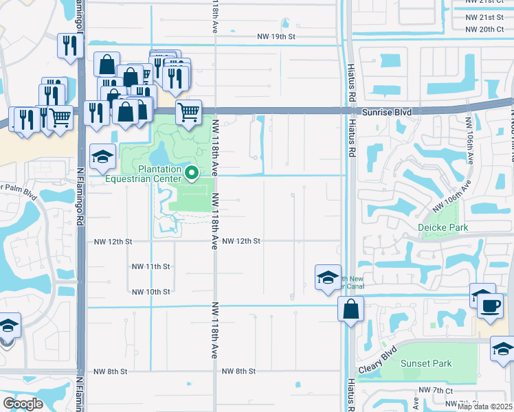 map of restaurants, bars, coffee shops, grocery stores, and more near 1361 Northwest 116th Avenue in Plantation