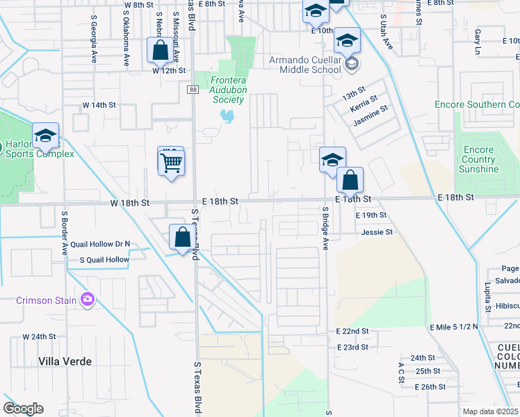 map of restaurants, bars, coffee shops, grocery stores, and more near 412 East 18th Street in Weslaco