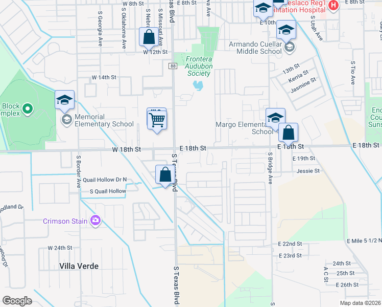 map of restaurants, bars, coffee shops, grocery stores, and more near 212 East 18th Street in Weslaco