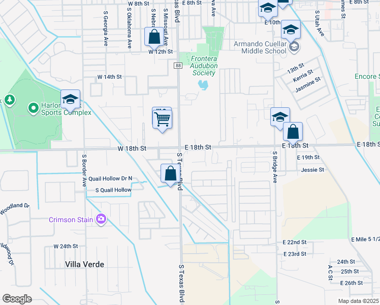 map of restaurants, bars, coffee shops, grocery stores, and more near 212 East 18th Street in Weslaco