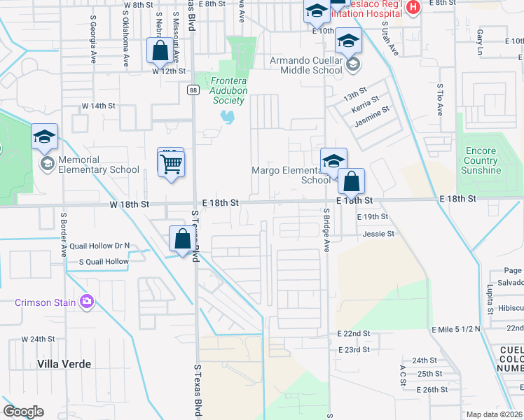 map of restaurants, bars, coffee shops, grocery stores, and more near 412 East 18th Street in Weslaco