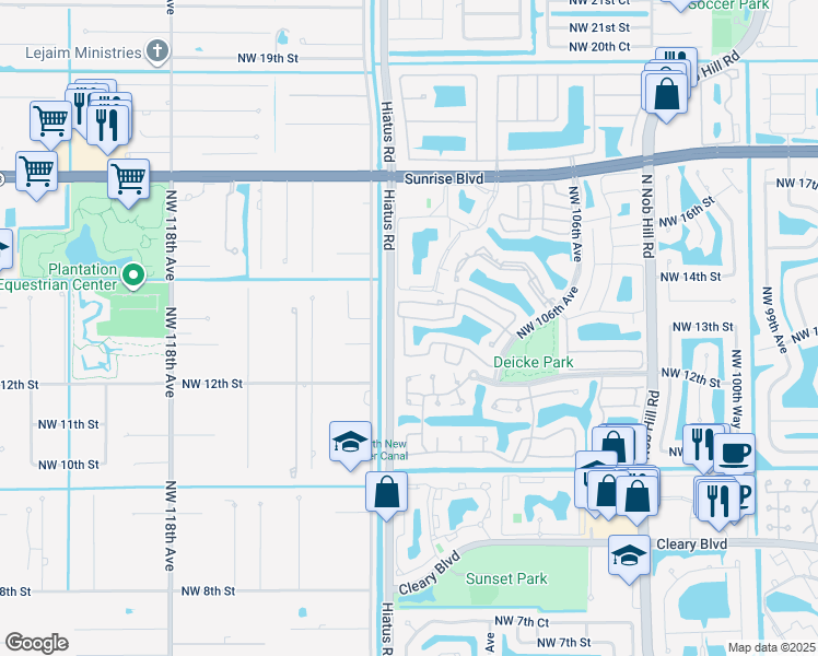 map of restaurants, bars, coffee shops, grocery stores, and more near 1266 Northwest 110th Avenue in Plantation