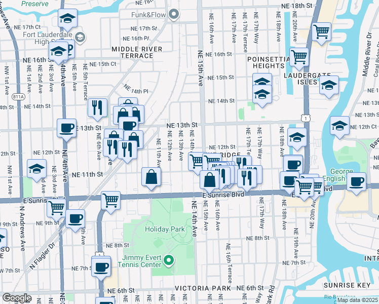 map of restaurants, bars, coffee shops, grocery stores, and more near 1141 Northeast 14th Avenue in Fort Lauderdale