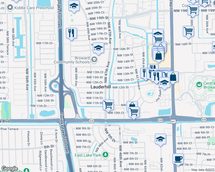 map of restaurants, bars, coffee shops, grocery stores, and more near 1200 Northwest 47th Avenue in Lauderhill