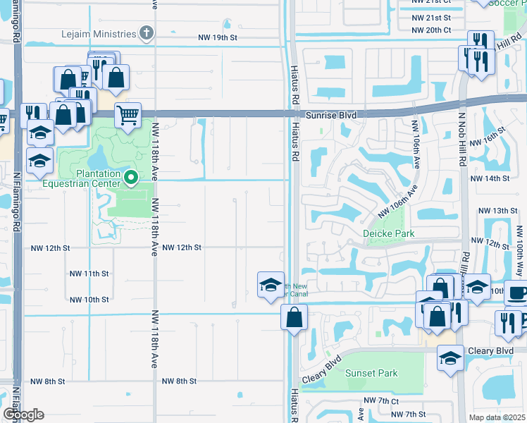 map of restaurants, bars, coffee shops, grocery stores, and more near 11220 Northwest 14th Street in Plantation
