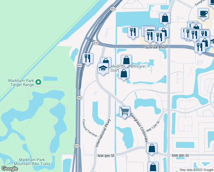 map of restaurants, bars, coffee shops, grocery stores, and more near 1550 Sawgrass Corporate Parkway in Sunrise
