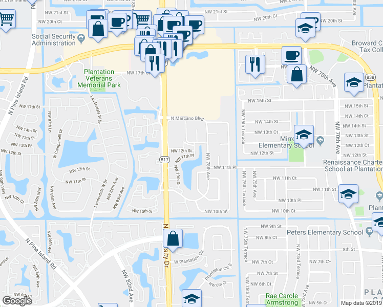 map of restaurants, bars, coffee shops, grocery stores, and more near 1179 Northwest 78th Way in Plantation