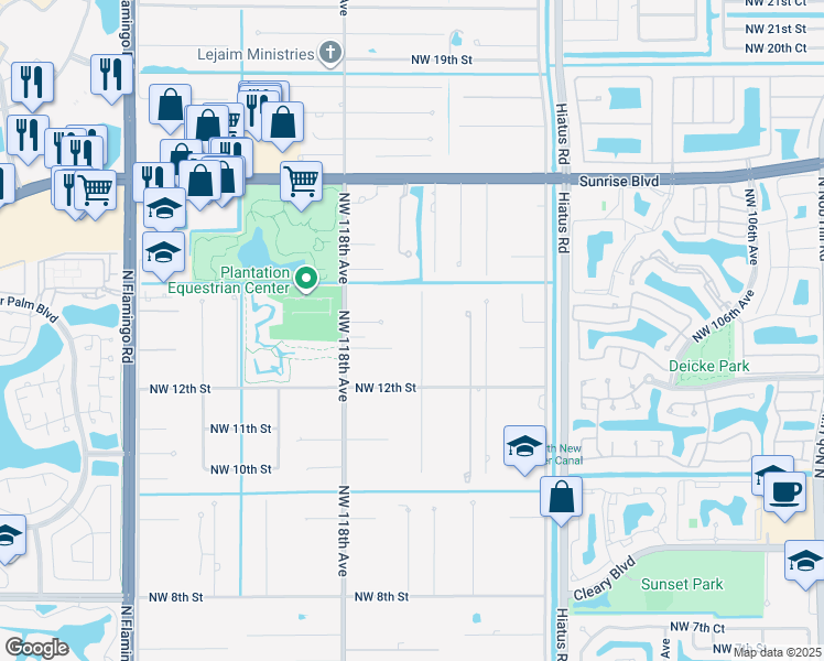 map of restaurants, bars, coffee shops, grocery stores, and more near 1361 Northwest 116th Avenue in Plantation