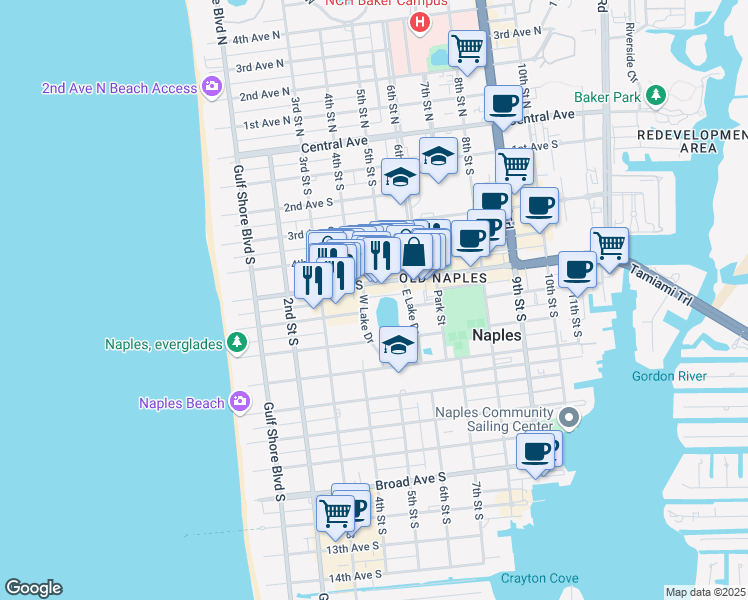map of restaurants, bars, coffee shops, grocery stores, and more near 571 West Lake Drive in Naples
