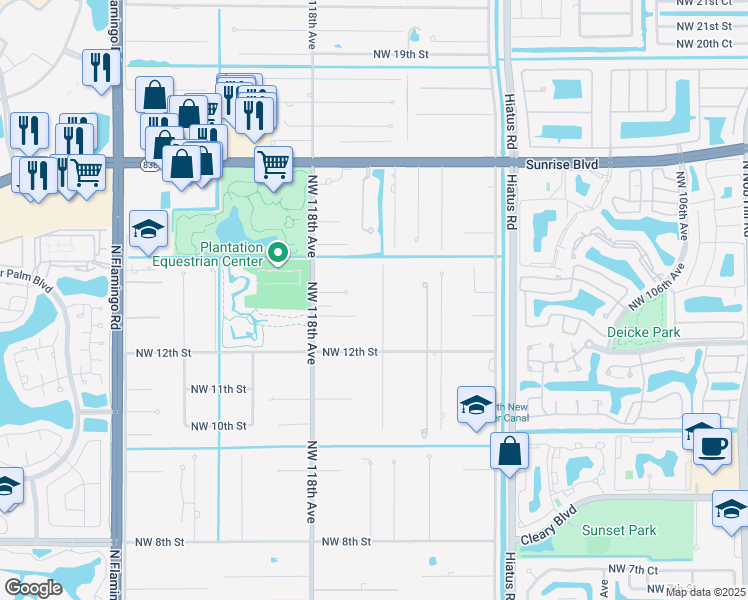 map of restaurants, bars, coffee shops, grocery stores, and more near 1361 Northwest 116th Avenue in Plantation