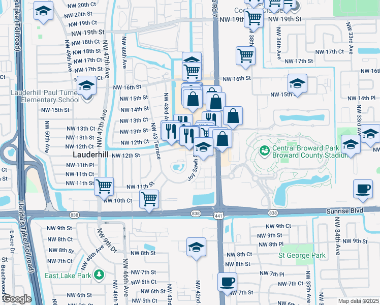 map of restaurants, bars, coffee shops, grocery stores, and more near 4200-4248 Northwest 12th Court in Lauderhill