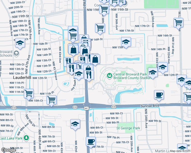 map of restaurants, bars, coffee shops, grocery stores, and more near 1192 Northwest 40th Avenue in Lauderhill