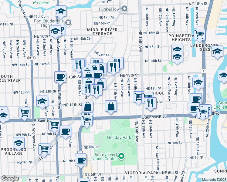 map of restaurants, bars, coffee shops, grocery stores, and more near 1020 Northeast 12th Street in Fort Lauderdale