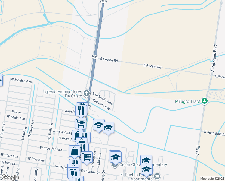 map of restaurants, bars, coffee shops, grocery stores, and more near 305 Monica Avenue in Pharr