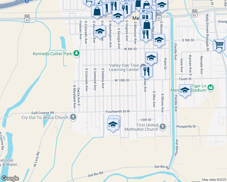 map of restaurants, bars, coffee shops, grocery stores, and more near 1116 Washington Avenue in Mercedes
