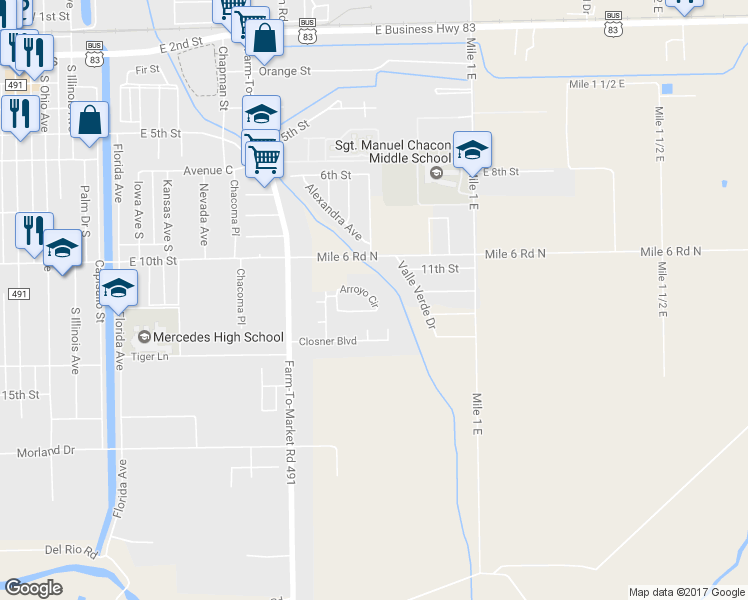 map of restaurants, bars, coffee shops, grocery stores, and more near 913 Arroyo Circle in Mercedes