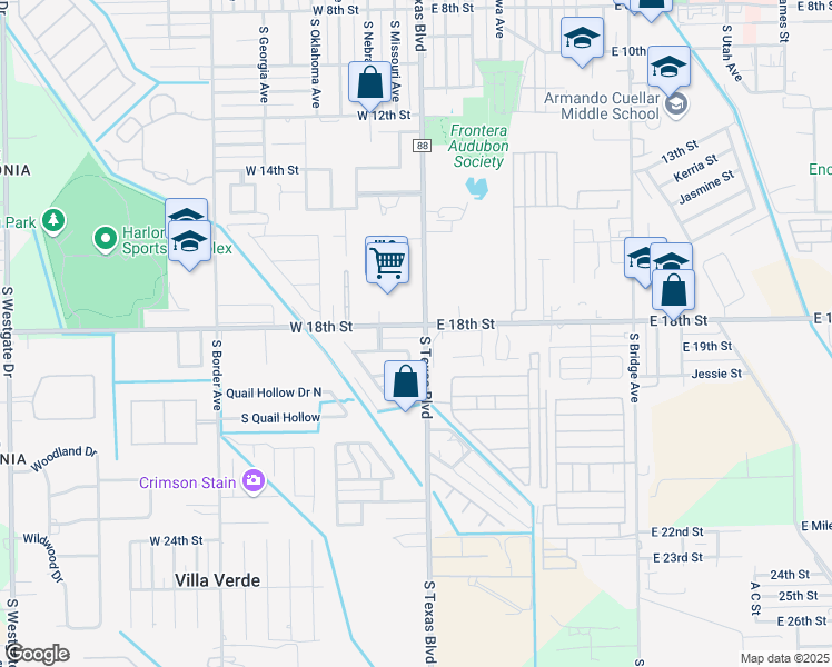 map of restaurants, bars, coffee shops, grocery stores, and more near 101 West 18th Street in Weslaco