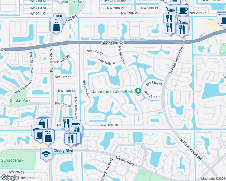map of restaurants, bars, coffee shops, grocery stores, and more near 9520 Northwest 13th Street in Plantation
