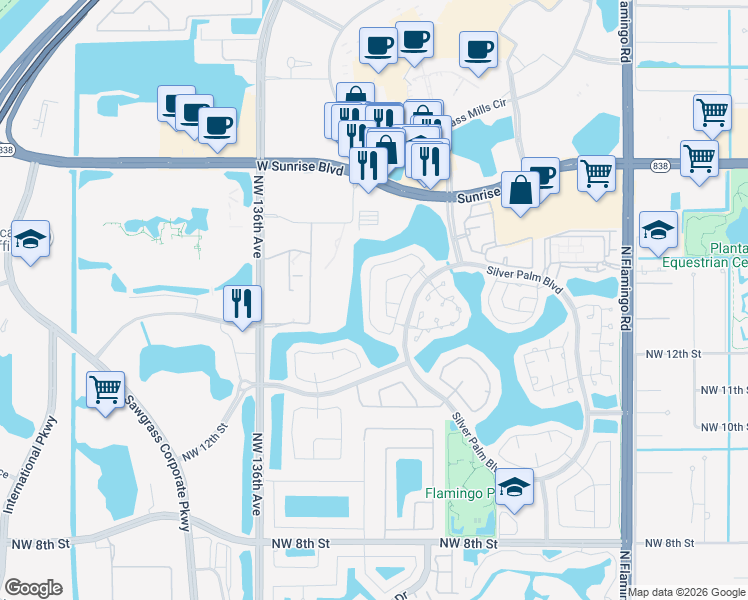 map of restaurants, bars, coffee shops, grocery stores, and more near 1379 Northwest 129th Terrace in Sunrise