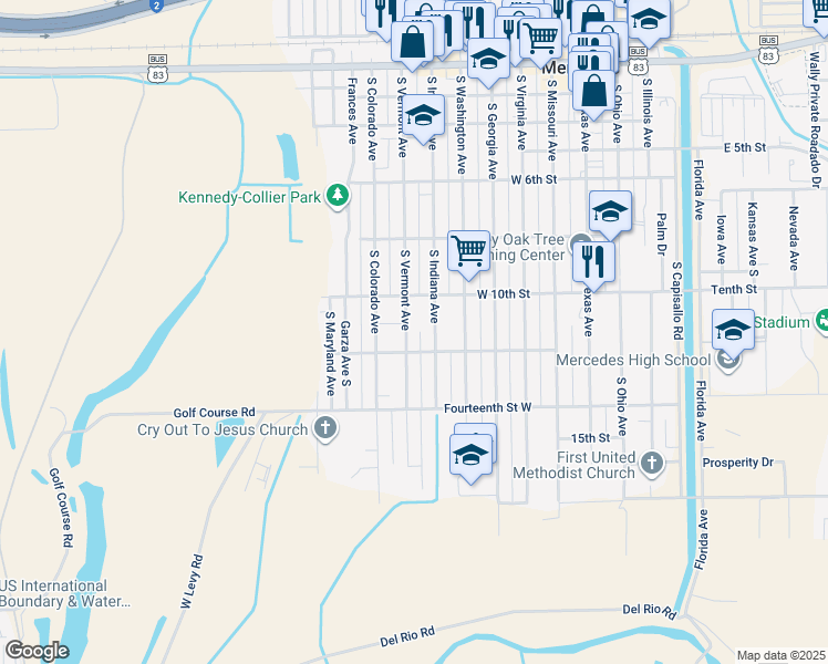 map of restaurants, bars, coffee shops, grocery stores, and more near 1104 South Vermont Avenue in Mercedes