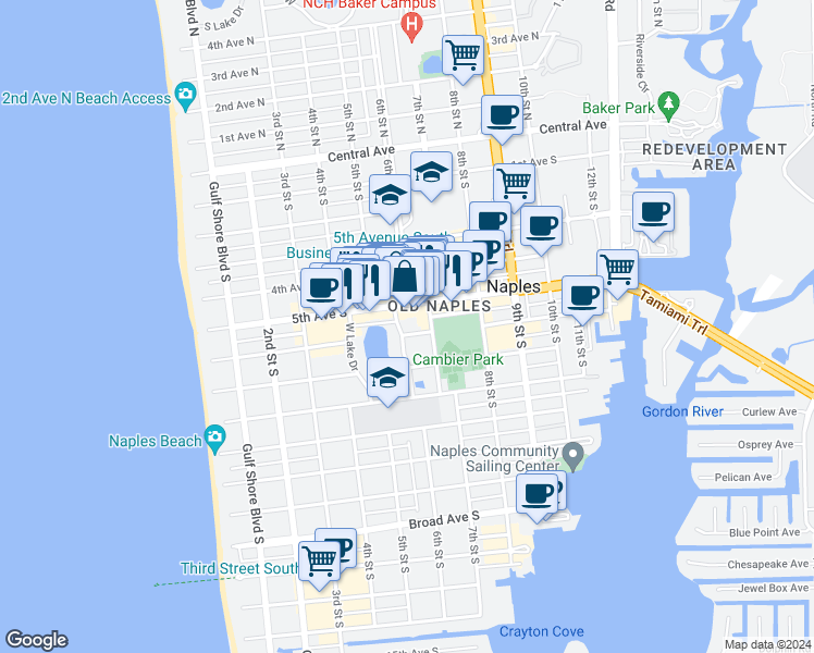 map of restaurants, bars, coffee shops, grocery stores, and more near 631 6th Avenue South in Naples