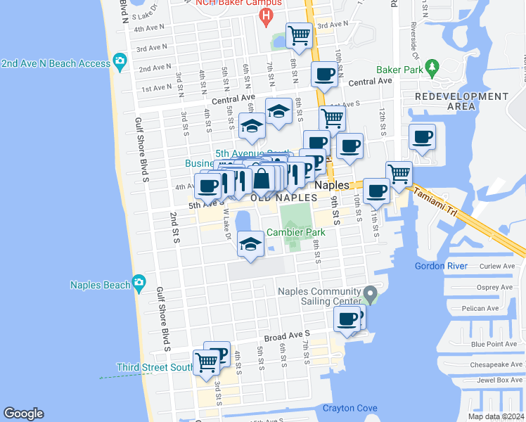 map of restaurants, bars, coffee shops, grocery stores, and more near 621 6th Avenue South in Naples