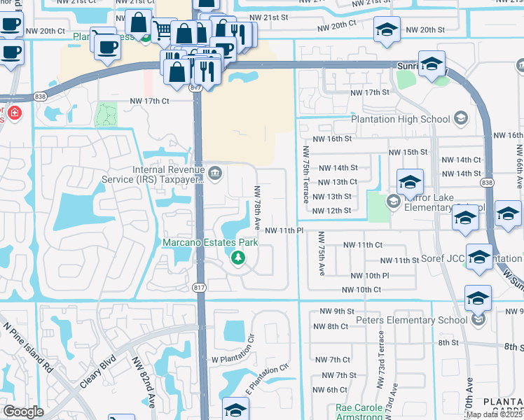 map of restaurants, bars, coffee shops, grocery stores, and more near 1200 Northwest 78th Avenue in Plantation