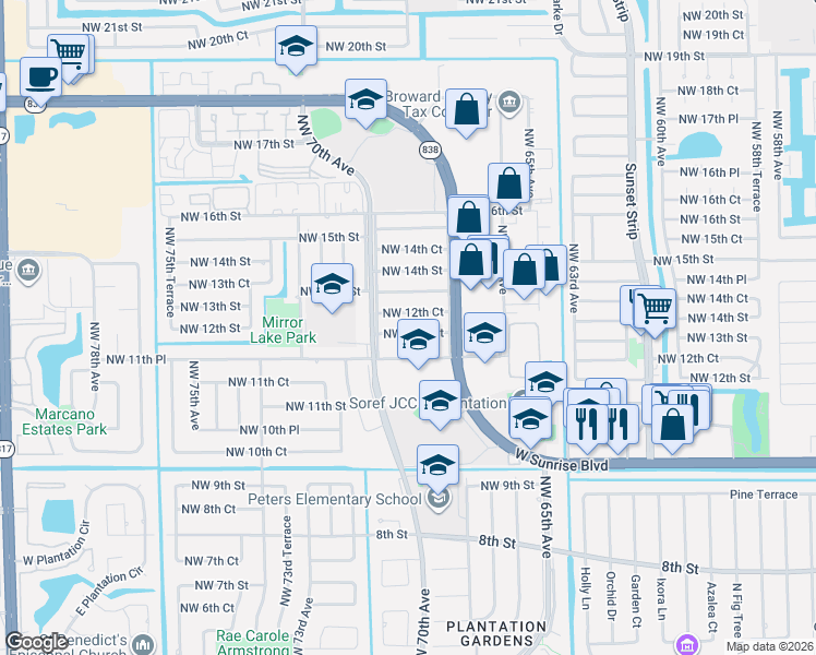 map of restaurants, bars, coffee shops, grocery stores, and more near 6885 Northwest 12th Street in Plantation