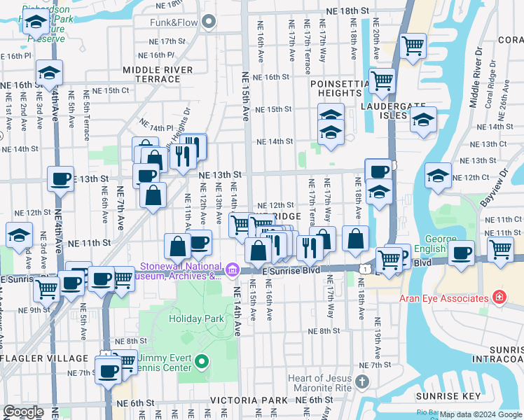 map of restaurants, bars, coffee shops, grocery stores, and more near 1136 Northeast 15th Avenue in Fort Lauderdale