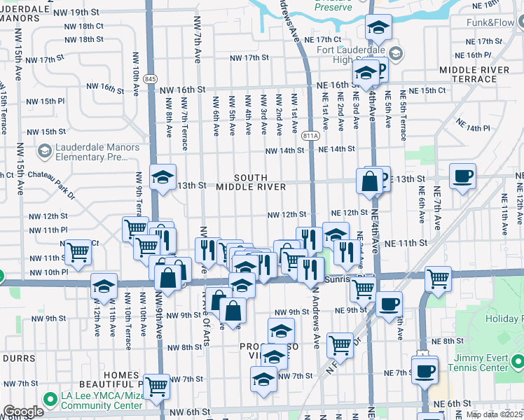 map of restaurants, bars, coffee shops, grocery stores, and more near 1200 Northwest 4th Avenue in Fort Lauderdale