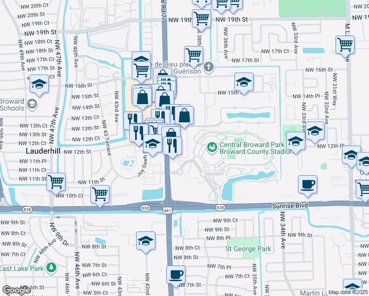 map of restaurants, bars, coffee shops, grocery stores, and more near N State Road-7 in Lauderhill