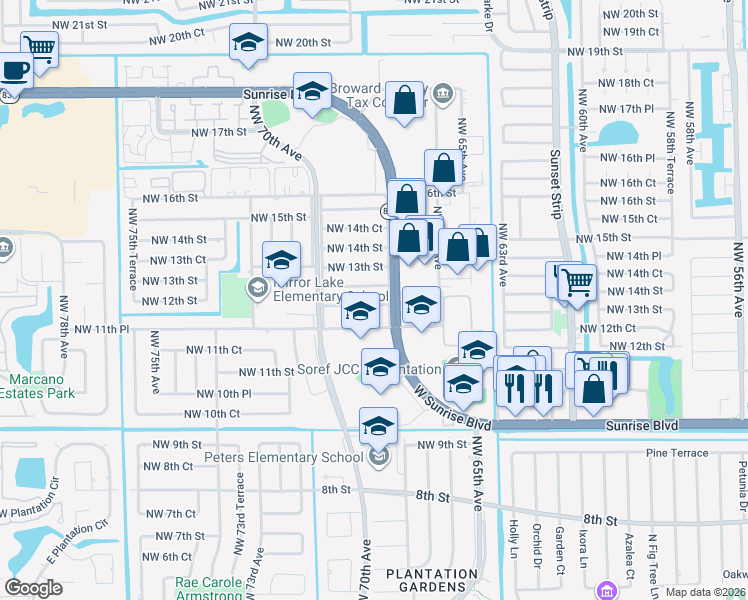 map of restaurants, bars, coffee shops, grocery stores, and more near 6801 Northwest 12th Street in Plantation